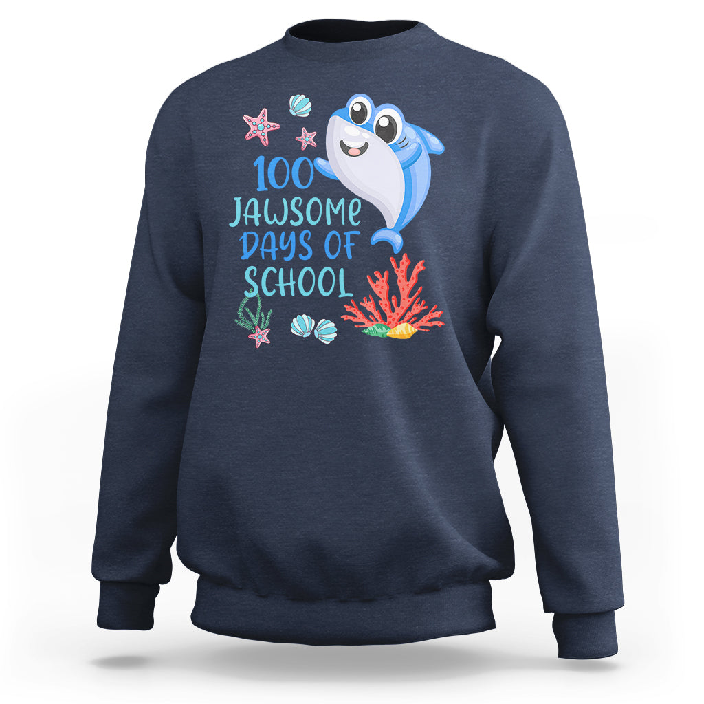 Navy crewneck sweatshirt with blue shark graphic and '100 Jawsome Days of School' text