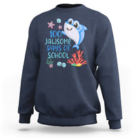 Navy crewneck sweatshirt with blue shark graphic and '100 Jawsome Days of School' text