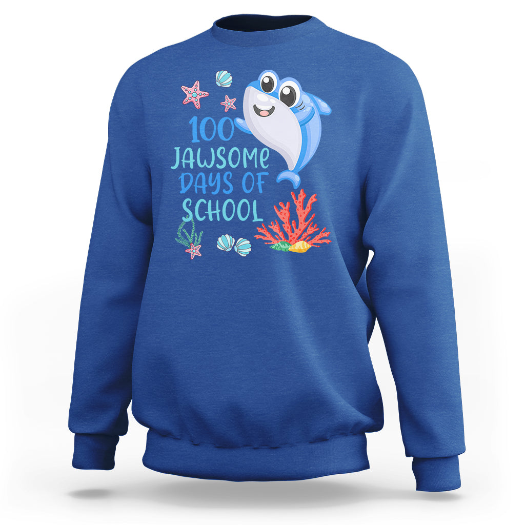 Royal blue crewneck sweatshirt with blue shark graphic and '100 Jawsome Days of School' text