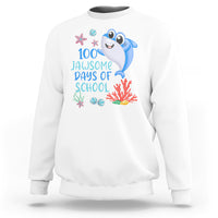 White crewneck sweatshirt with blue shark graphic and '100 Jawsome Days of School' text