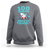 Charcoal crewneck sweatshirt with shark cartoon and 100 Jawsome Days of School print