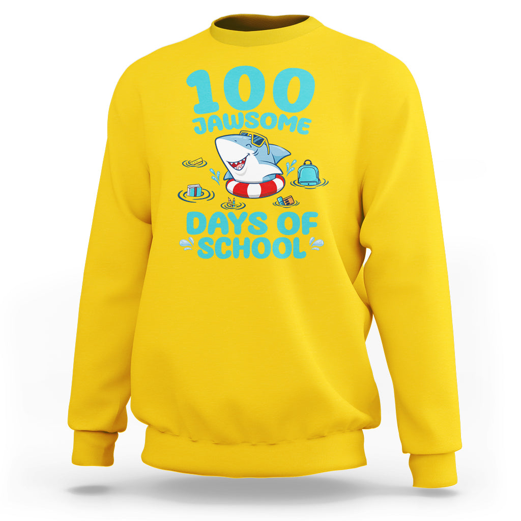 Daisy yellow crewneck sweatshirt with shark cartoon and 100 Jawsome Days of School print