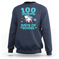 Navy crewneck sweatshirt with shark cartoon and 100 Jawsome Days of School print