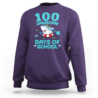 Purple crewneck sweatshirt with shark cartoon and 100 Jawsome Days of School print