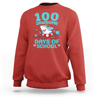 Red crewneck sweatshirt with shark cartoon and 100 Jawsome Days of School print
