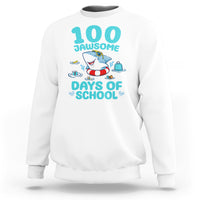 White crewneck sweatshirt with shark cartoon and 100 Jawsome Days of School print