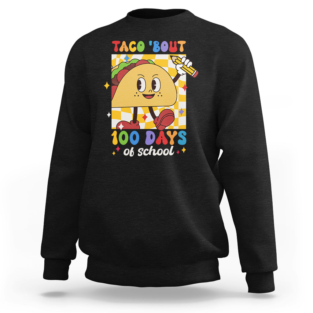 Black 100-day school sweatshirt with taco-themed front graphic