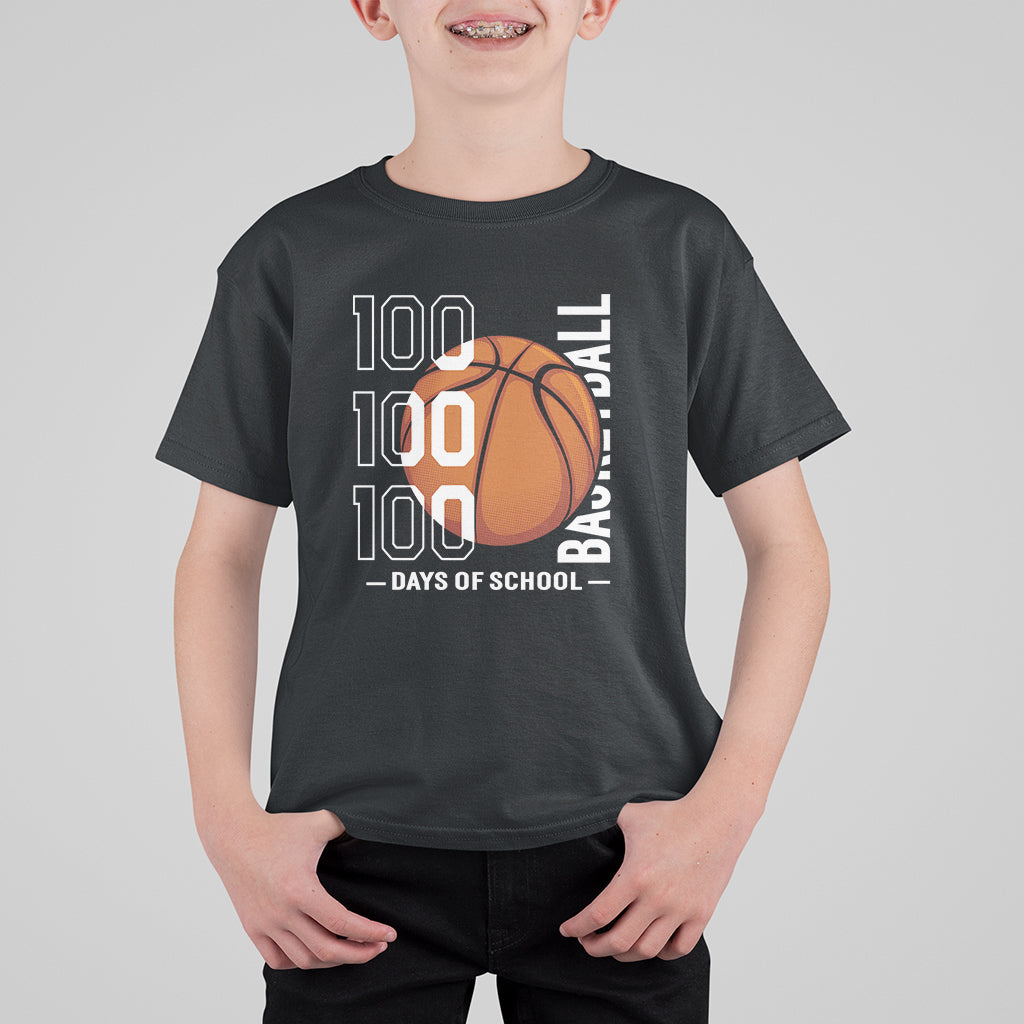 Kids 100th Day School basketball T-shirt, black, crew neck, graphic ball text