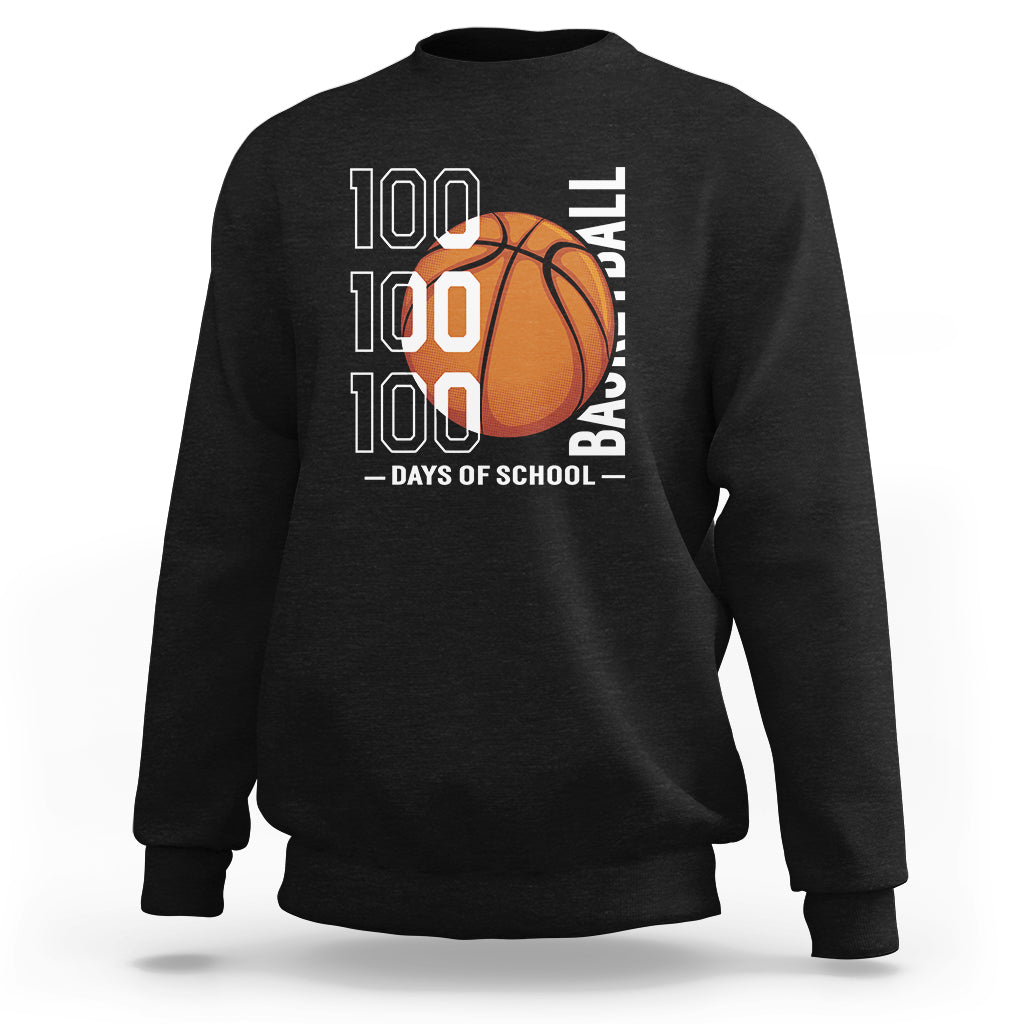 Black basketball sweatshirt with '100' text and orange basketball graphic, crew neck