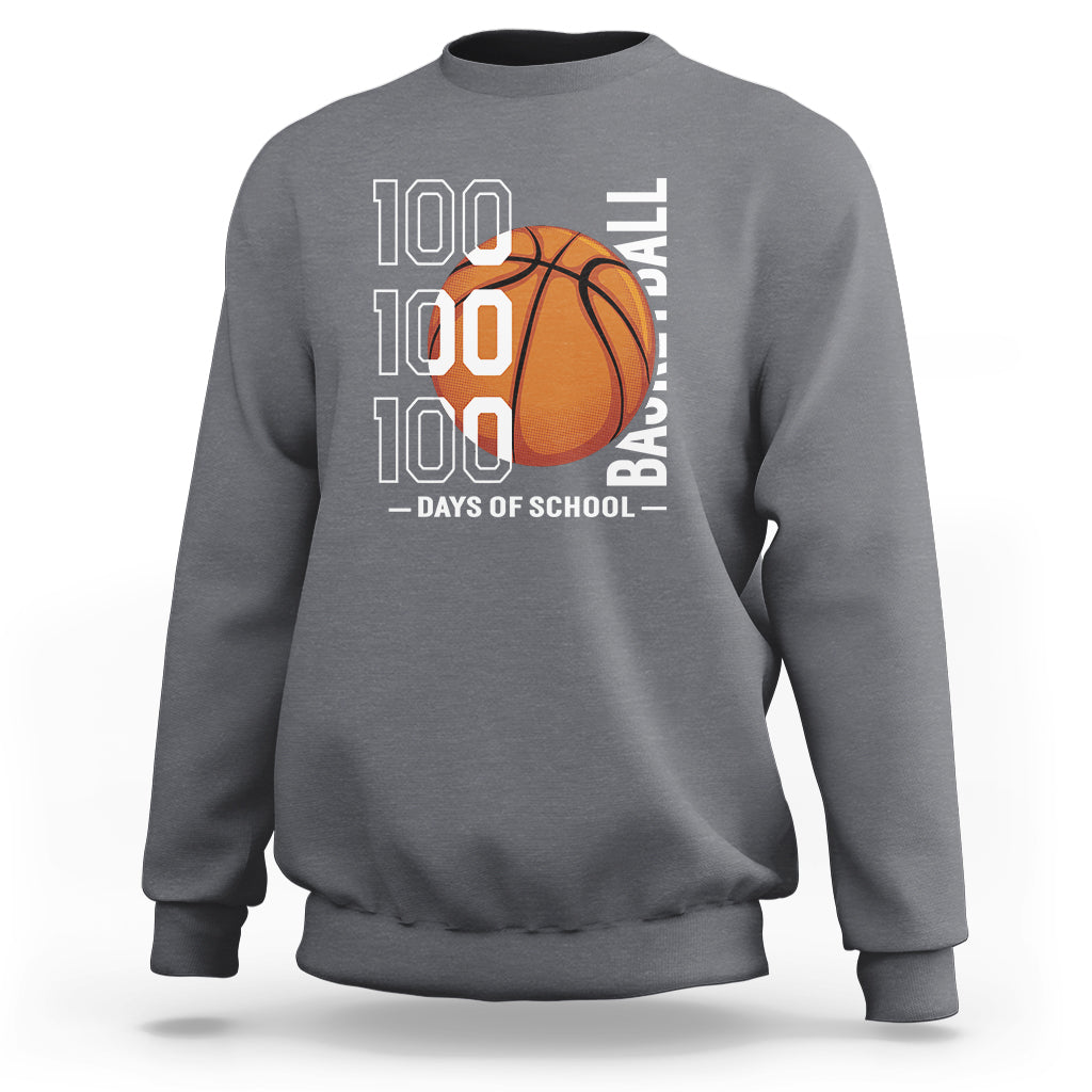 Charcoal basketball sweatshirt with '100' text and orange basketball graphic, crew neck