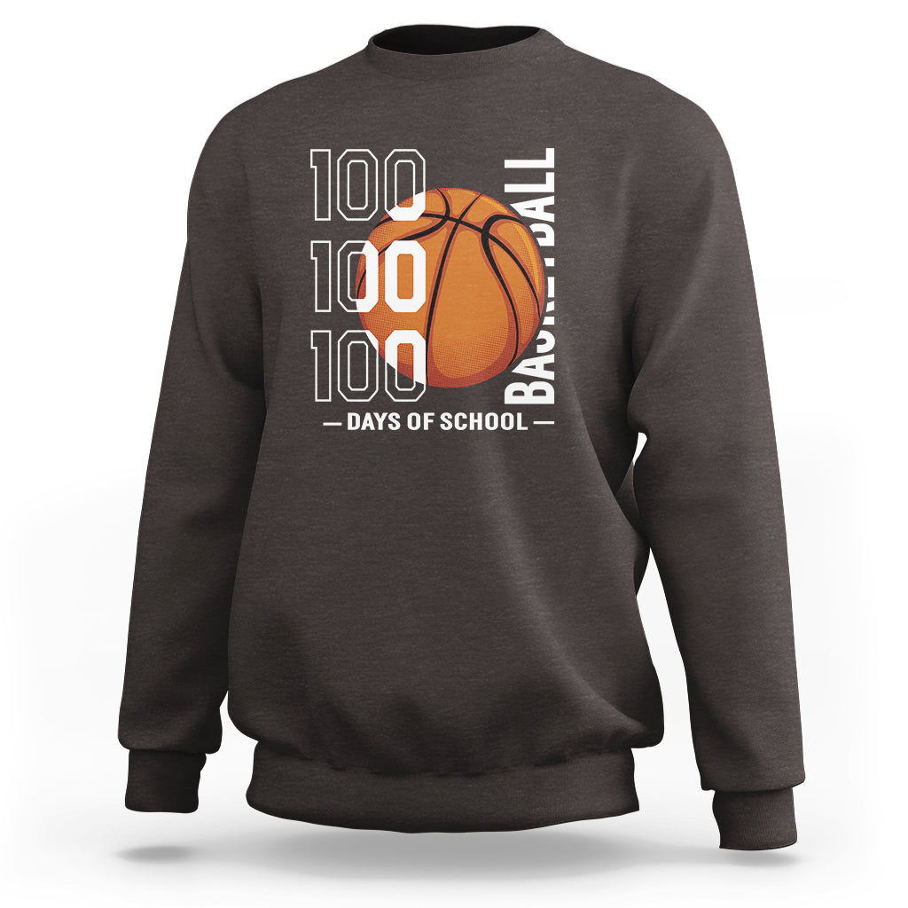 Dark chocolate basketball sweatshirt with '100' text and orange basketball graphic, crew neck