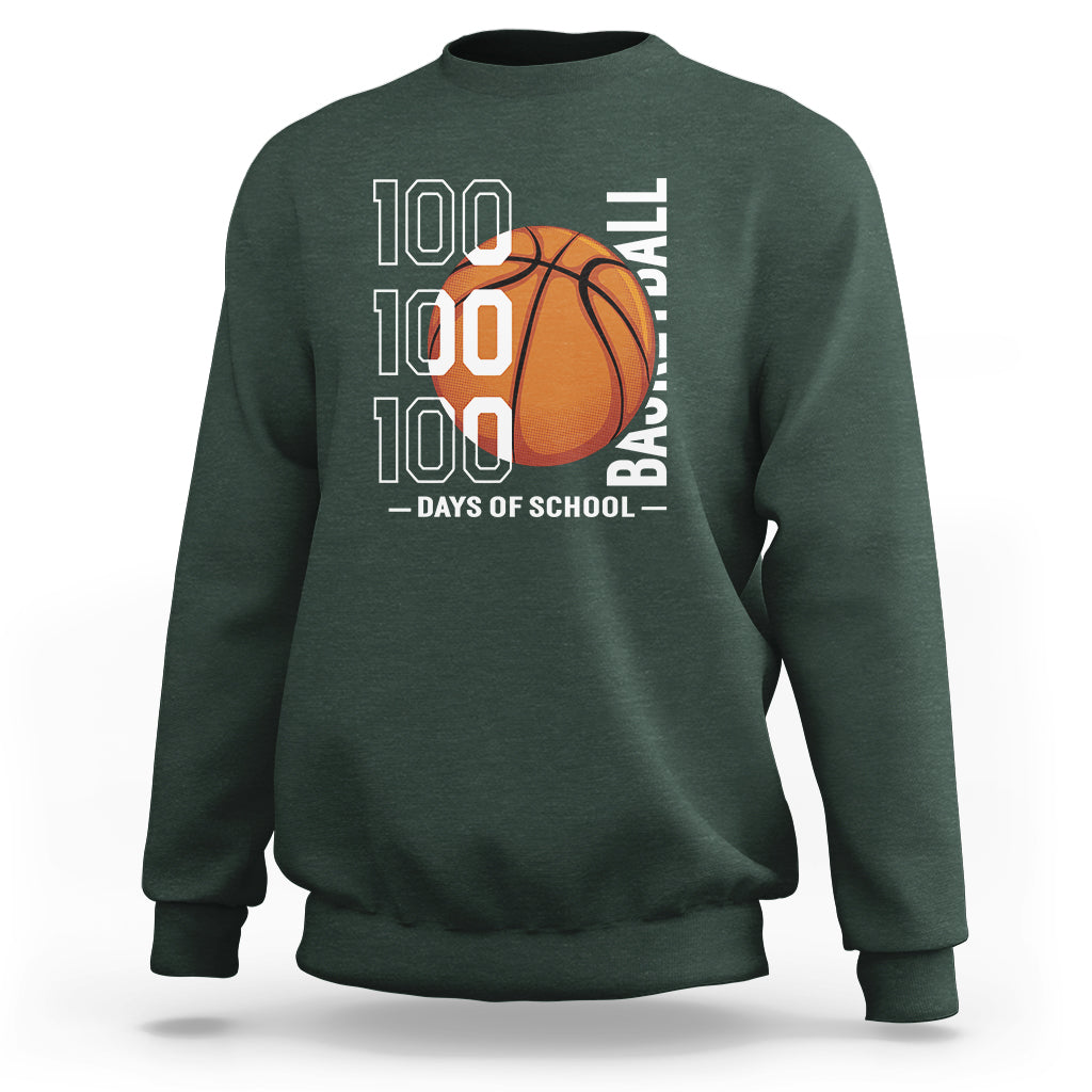 Dark forest green basketball sweatshirt with '100' text and orange basketball graphic, crew neck