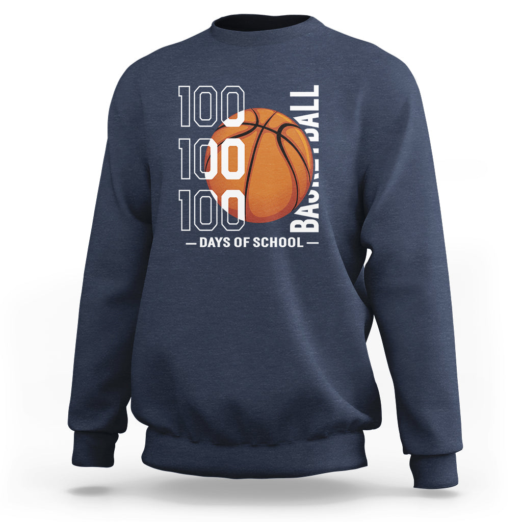 Navy basketball sweatshirt with '100' text and orange basketball graphic, crew neck
