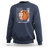 Navy basketball sweatshirt with '100' text and orange basketball graphic, crew neck