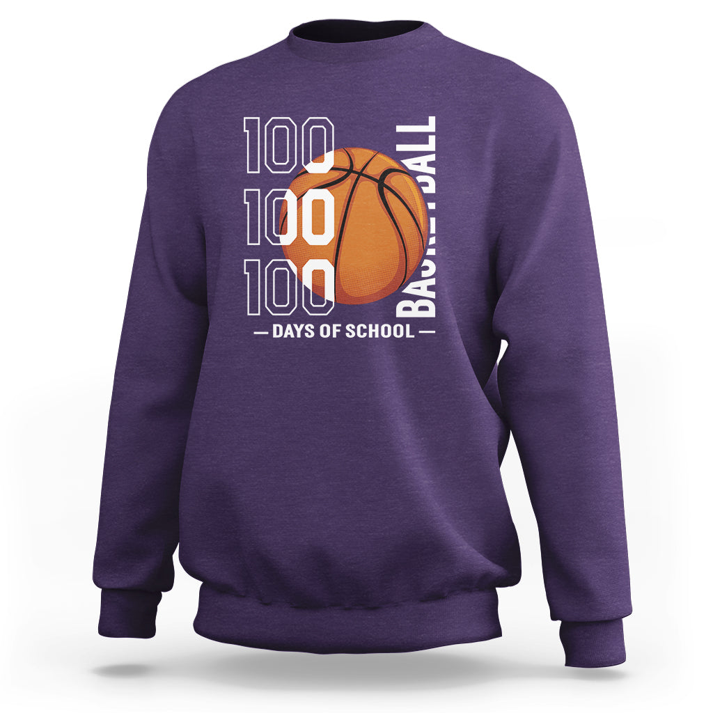 Purple basketball sweatshirt with '100' text and orange basketball graphic, crew neck