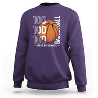 Purple basketball sweatshirt with '100' text and orange basketball graphic, crew neck