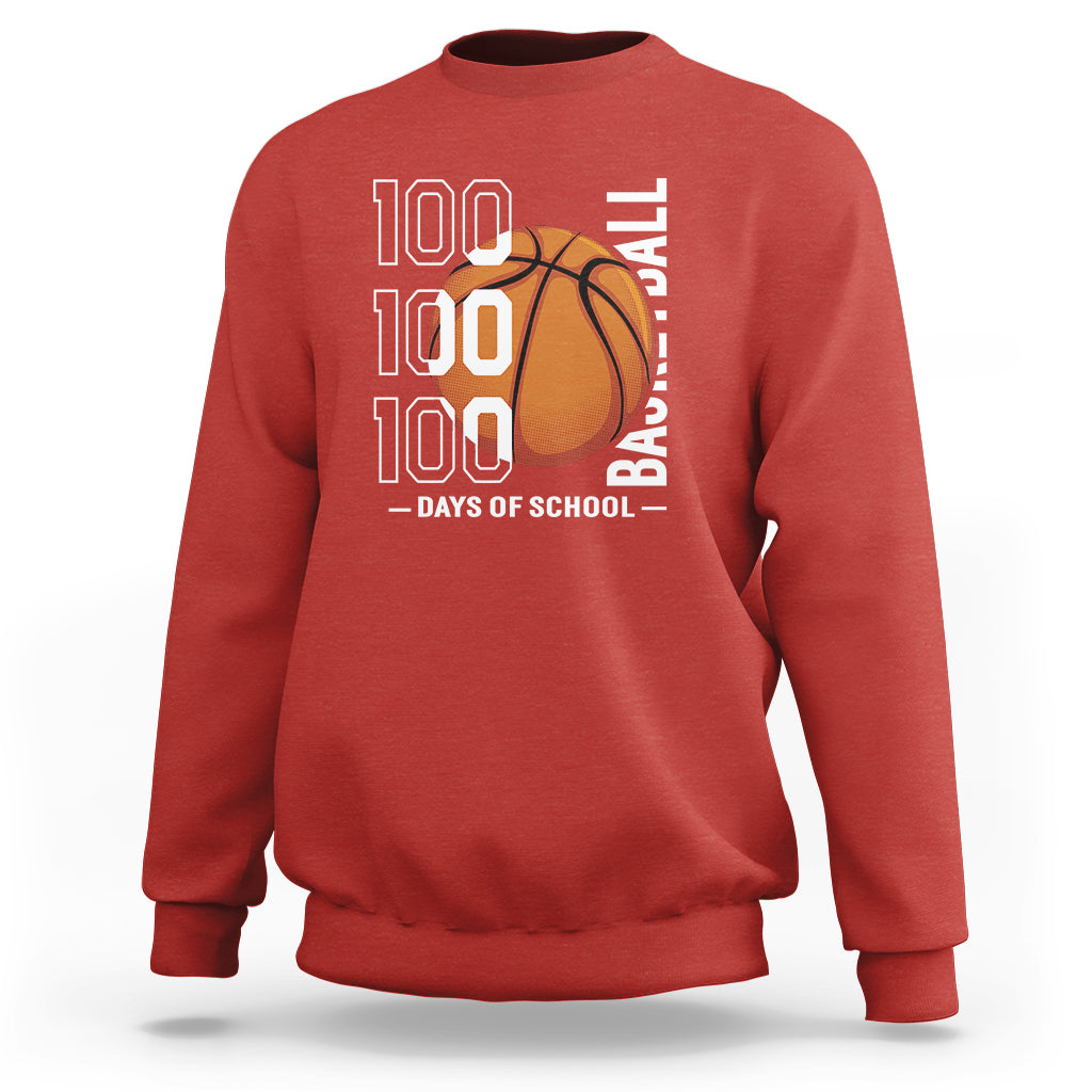 Red basketball sweatshirt with '100' text and orange basketball graphic, crew neck