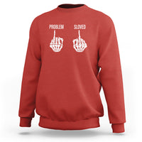 Red crewneck sweatshirt with 'PROBLEM' and 'SLOVED' skeleton hand graphic on chest