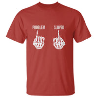 Funny divorce T-shirt in red with white skeleton-hand 'PROBLEM SLOVED' graphic