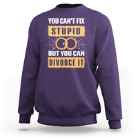 Purple sweatshirt with “You Can’t Fix Stupid” divorce graphic on front