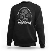 Black crewneck sweatshirt with white 'Divorced' rose and text graphic