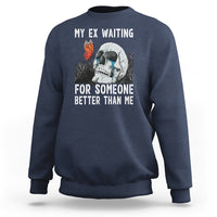 Navy crewneck sweatshirt with skeleton and butterfly graphic plus white slogan text