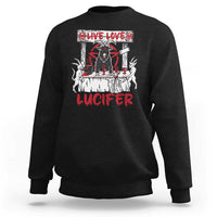 Black satan-themed sweatshirt with 'Live Love Lucifer' demon graphic