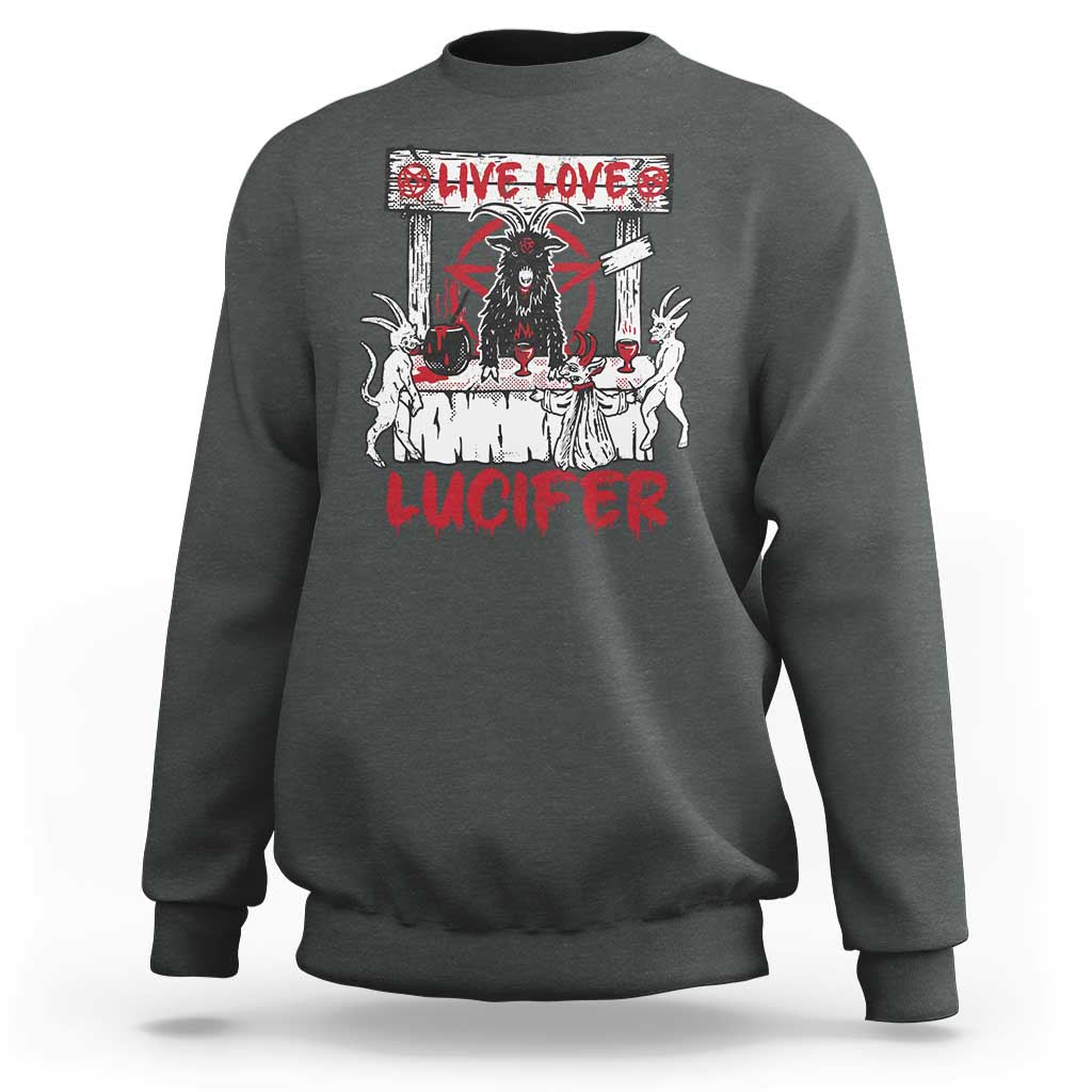 Dark heather satan-themed sweatshirt with 'Live Love Lucifer' demon graphic