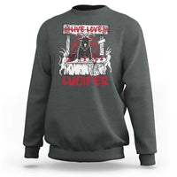 Dark heather satan-themed sweatshirt with 'Live Love Lucifer' demon graphic