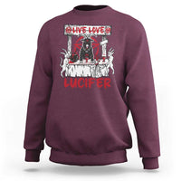Maroon satan-themed sweatshirt with 'Live Love Lucifer' demon graphic