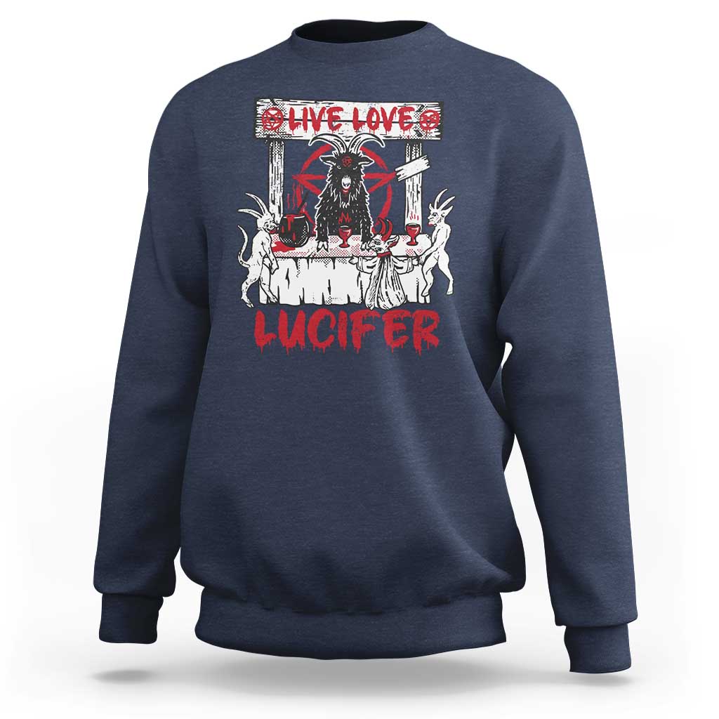 Navy satan-themed sweatshirt with 'Live Love Lucifer' demon graphic