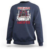Navy satan-themed sweatshirt with 'Live Love Lucifer' demon graphic