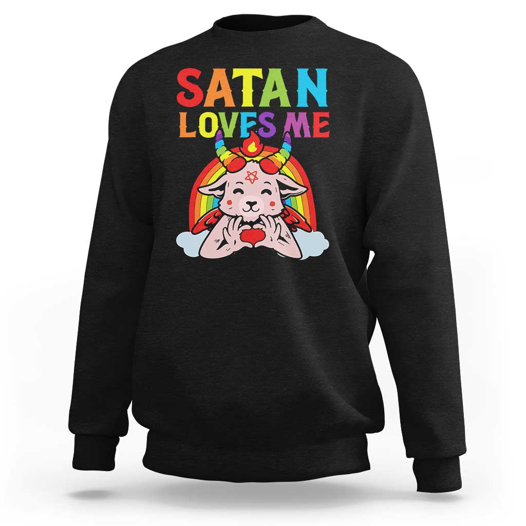 Black sweatshirt with “SATAN LOVES ME” rainbow goat graphic, long sleeves