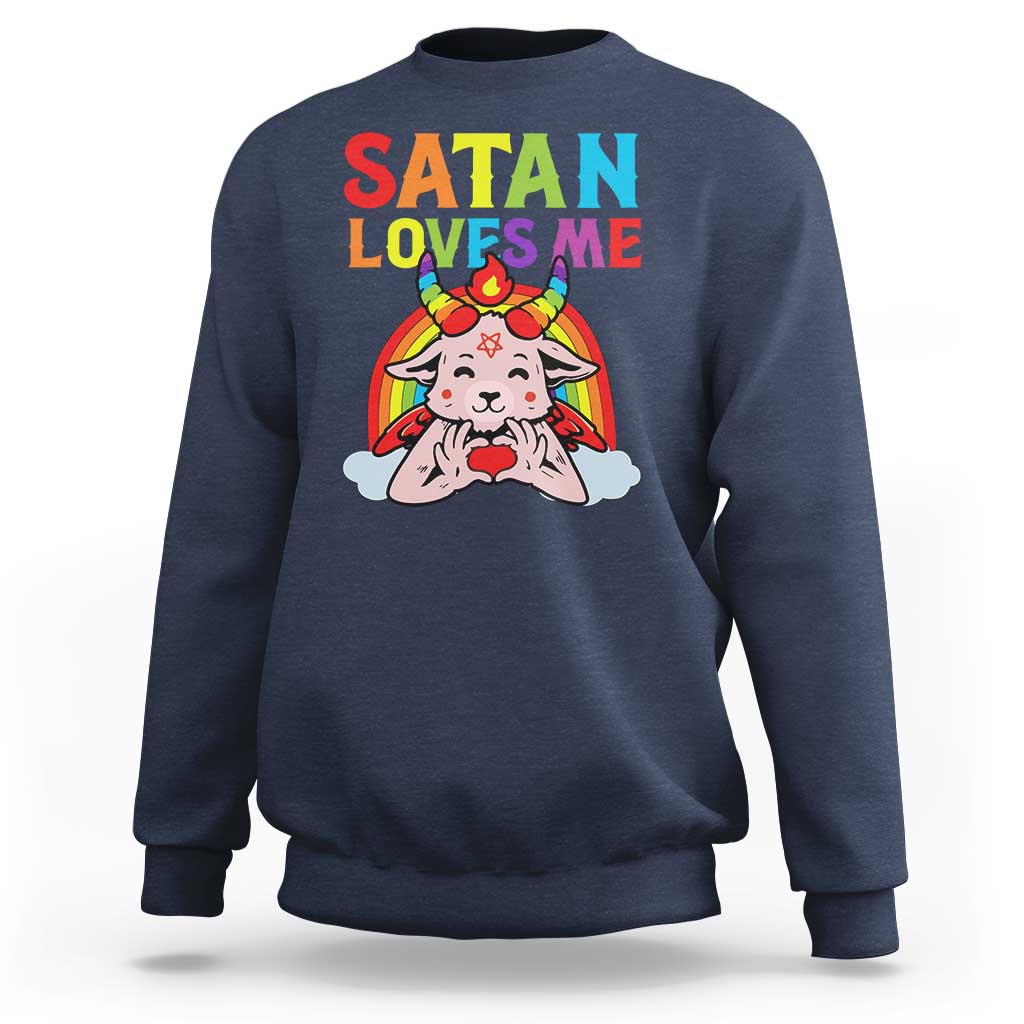 Navy sweatshirt with “SATAN LOVES ME” rainbow goat graphic, long sleeves