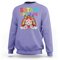 Violet sweatshirt with “SATAN LOVES ME” rainbow goat graphic, long sleeves