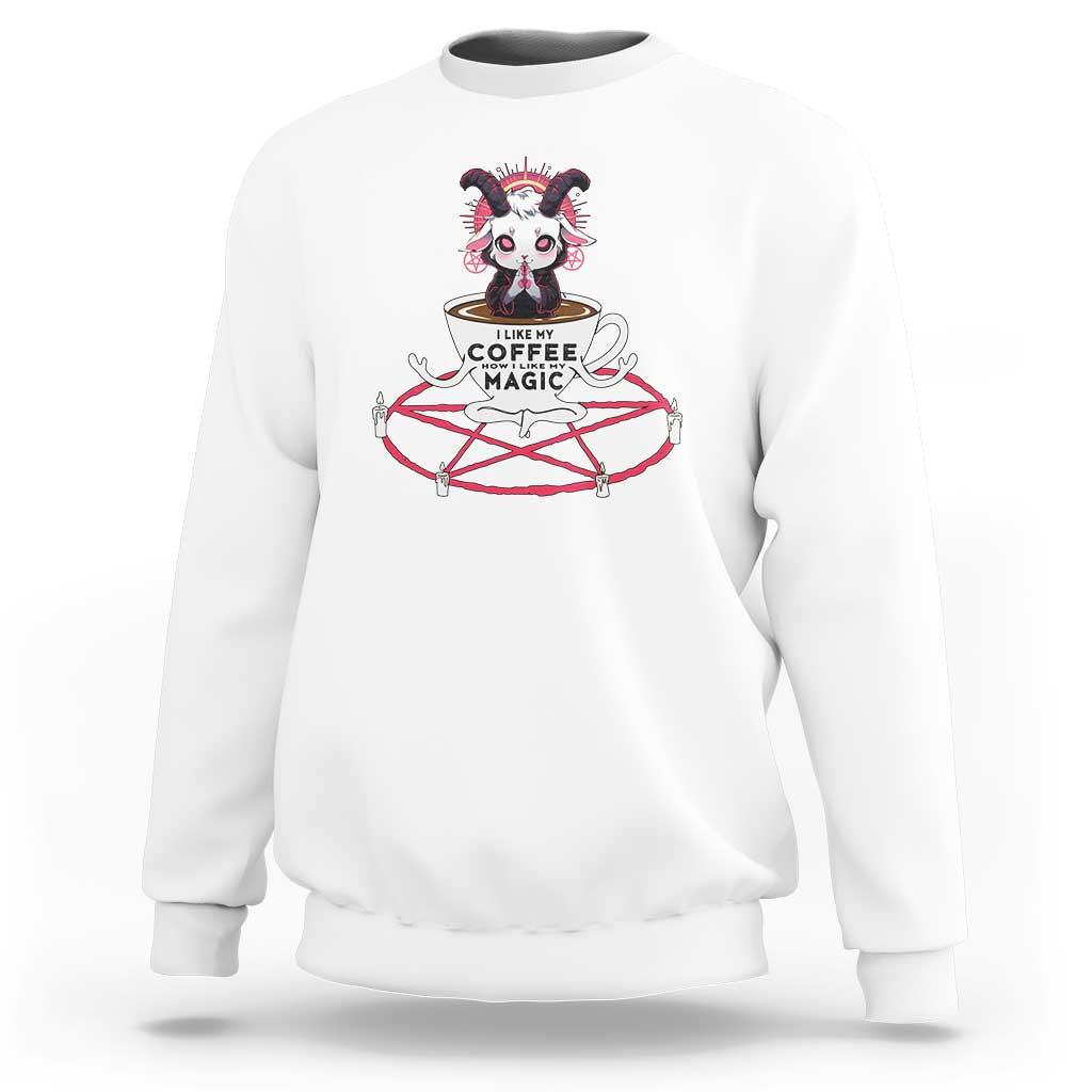 White crewneck sweatshirt with Halloween coffee lover graphic and colorful illustration