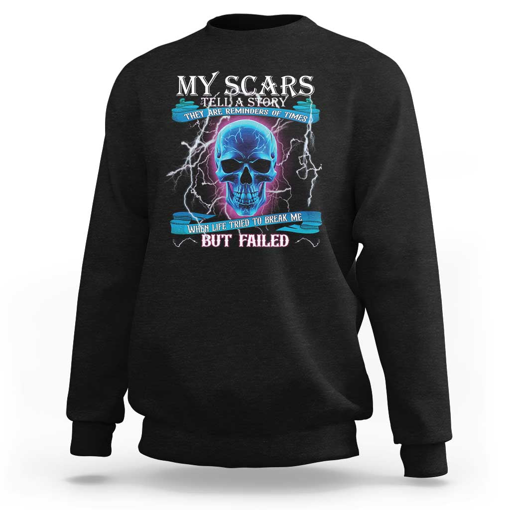 Black crewneck sweatshirt with blue neon skull graphic and motivational quote