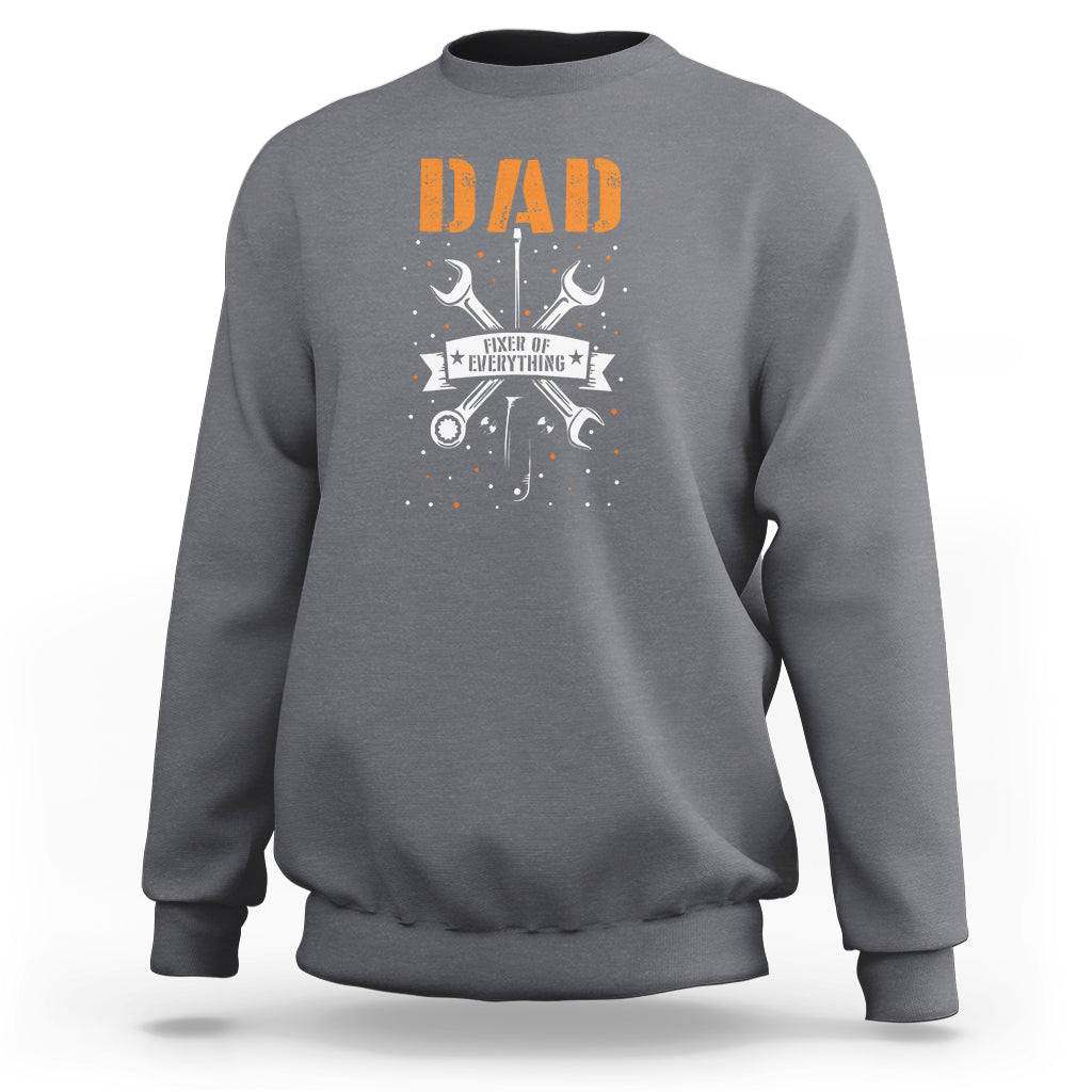 Charcoal gray dad sweatshirt with orange “DAD” text and crossed tools graphic on front