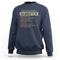 Navy blue sweatshirt with 'Rules for dating my daughter' front graphic