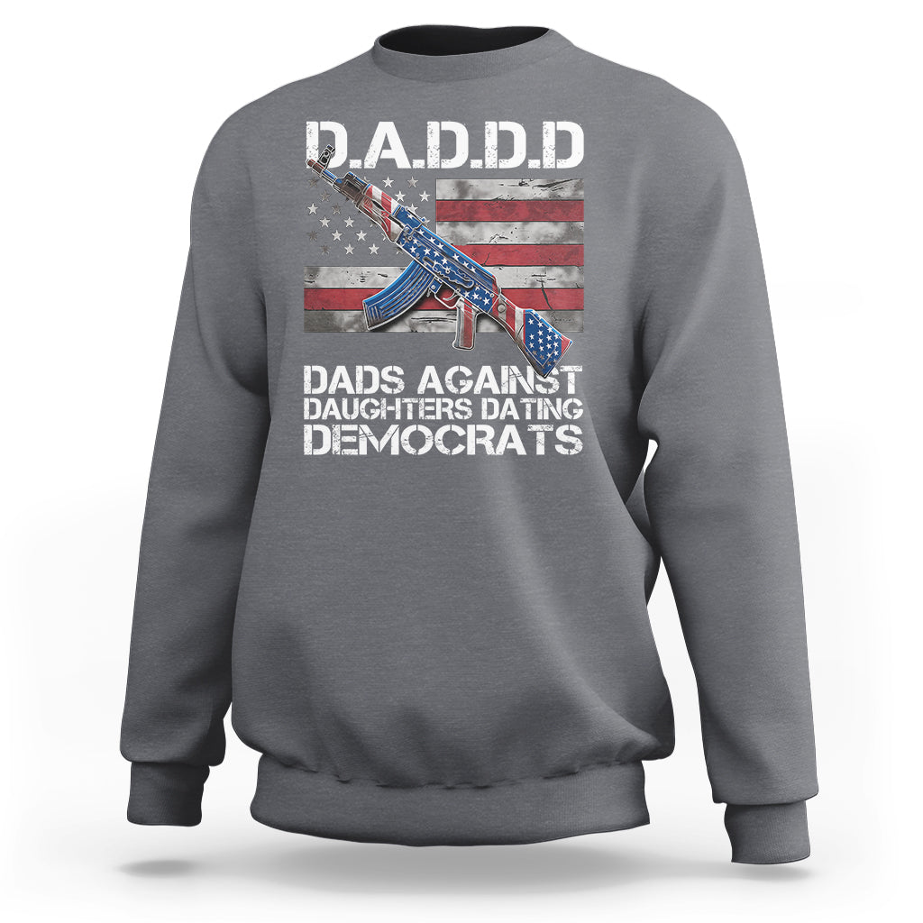 Charcoal crewneck sweatshirt with flag-and-rifle slogan graphic