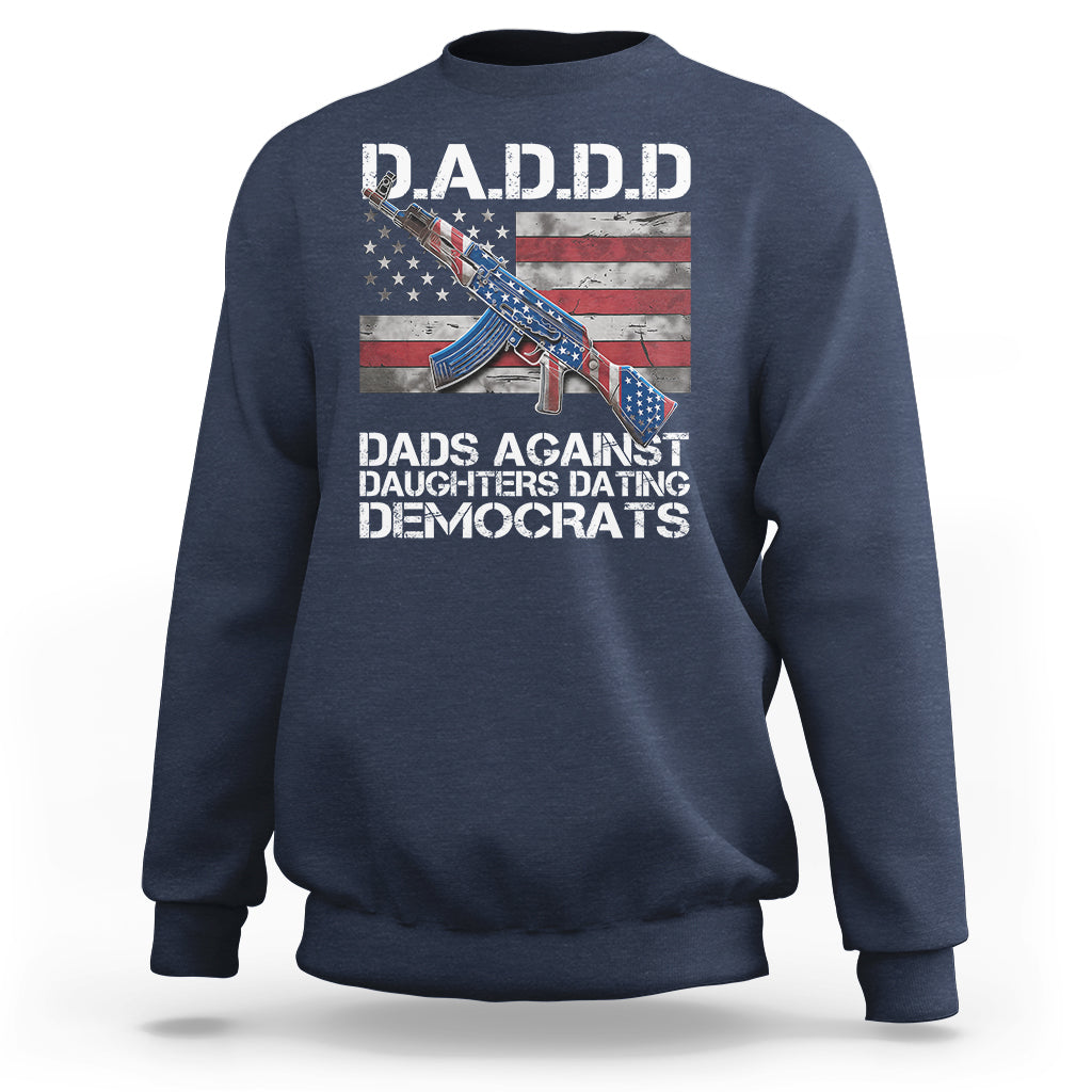 Navy crewneck sweatshirt with flag-and-rifle slogan graphic