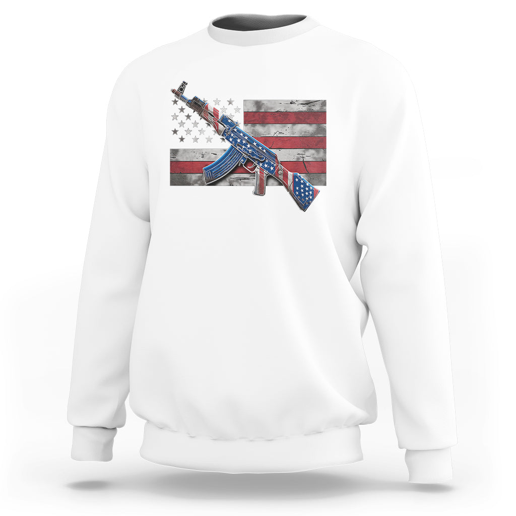White crewneck sweatshirt with flag-and-rifle slogan graphic