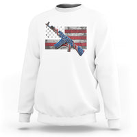 White crewneck sweatshirt with flag-and-rifle slogan graphic