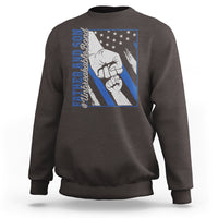 Charcoal gray crewneck sweatshirt with blue chest graphic showing two fists and stars.