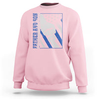 Light pink crewneck sweatshirt with blue chest graphic of two fists and stars.