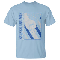 Light blue crewneck graphic T-shirt with patriotic fist-bump square print