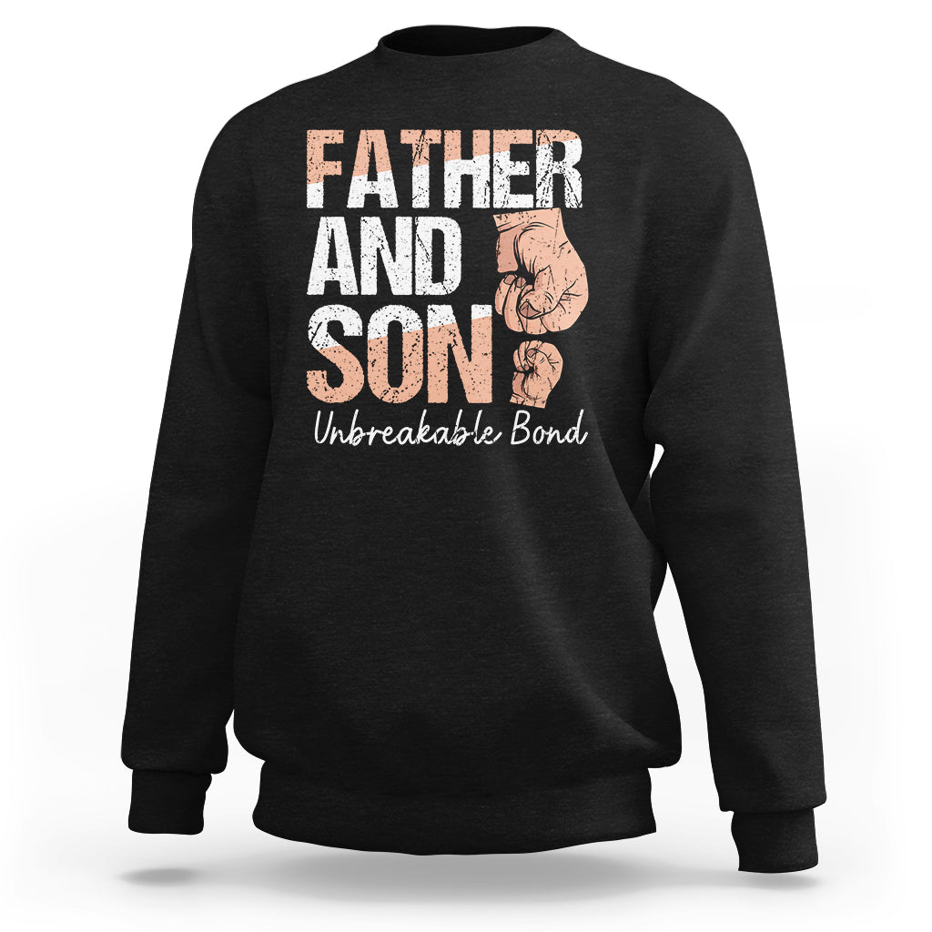 Men's black sweatshirt with 'FATHER AND SON' graphic and 'Unbreakable Bond' text