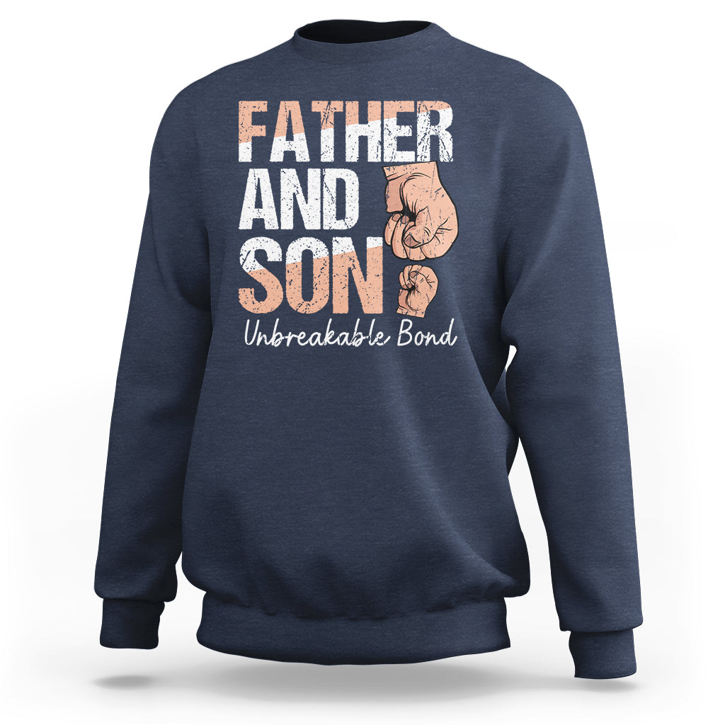 Men's navy sweatshirt with 'FATHER AND SON' graphic and 'Unbreakable Bond' text