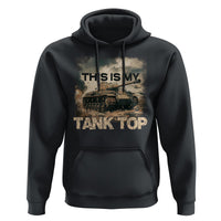 Dark gray tank graphic hoodie with hood, drawstrings, and front kangaroo pocket