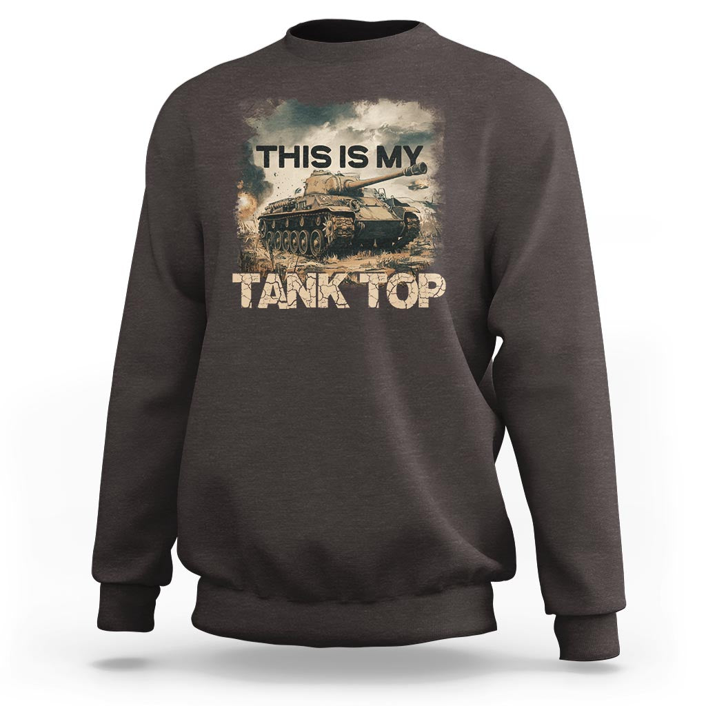 Dark crewneck sweatshirt with “THIS IS MY TANK TOP” tank graphic on front